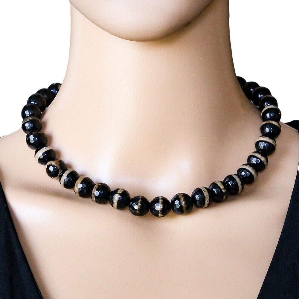 Black Banded Agate Natural Stone Multifaceted Bead Necklace 16”